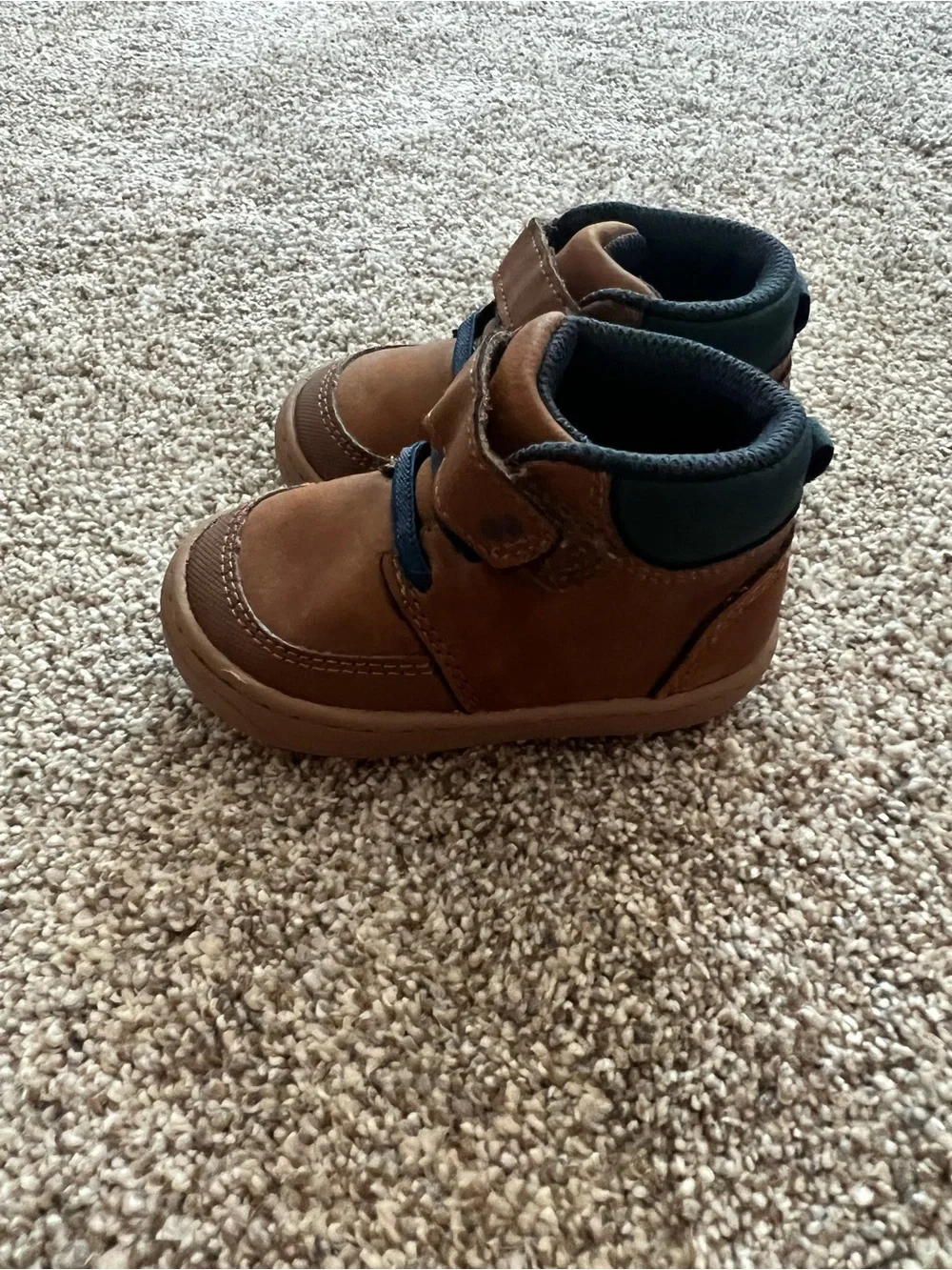 Baby Brown Leather-Look Hook & Loop Boots with Navy Trim